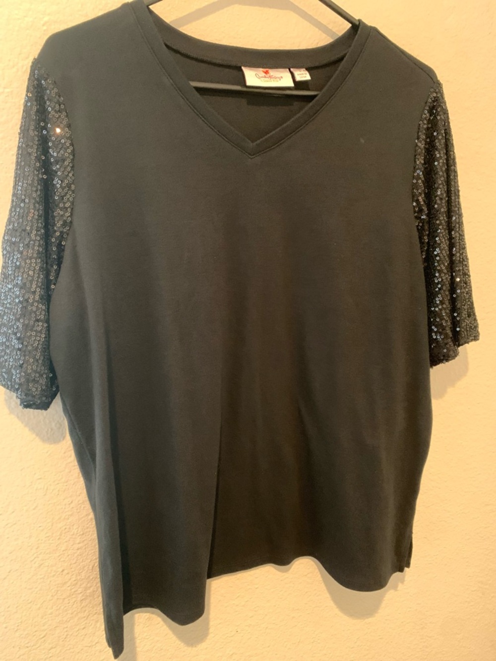 Quacker Factory Black V-Neck Top with Sequin Short Sleeves